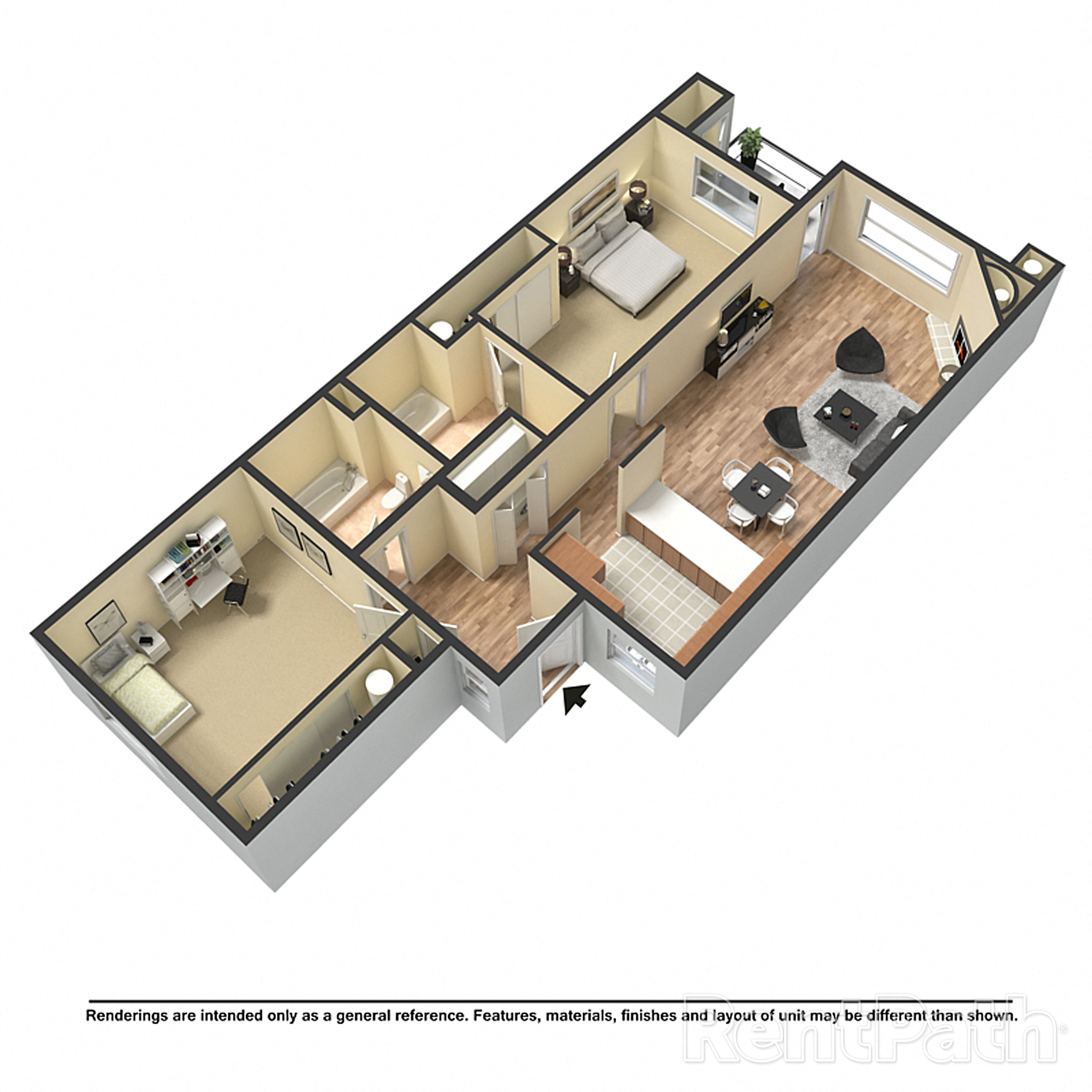 Floor plan for 2 beds, 2 baths, 1025 sqft